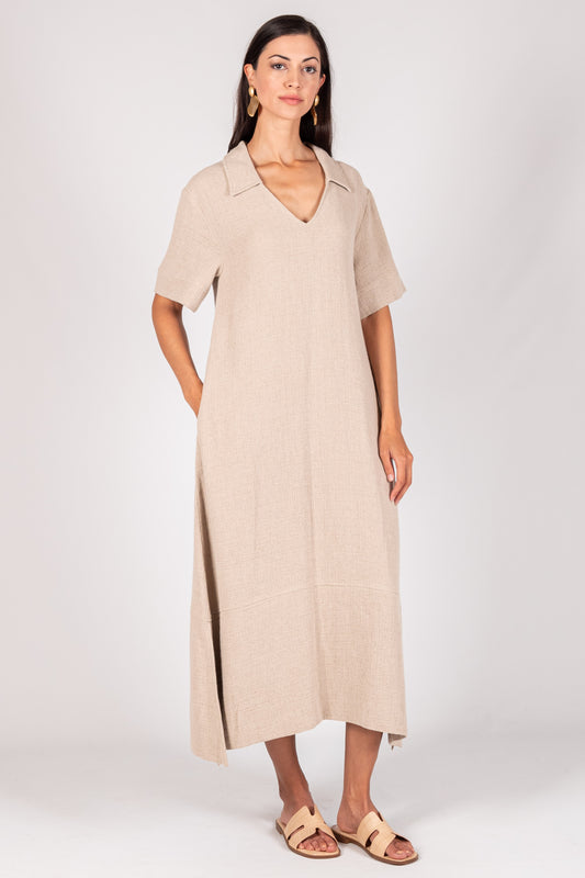 Linen Collard Midi Dress - Sand