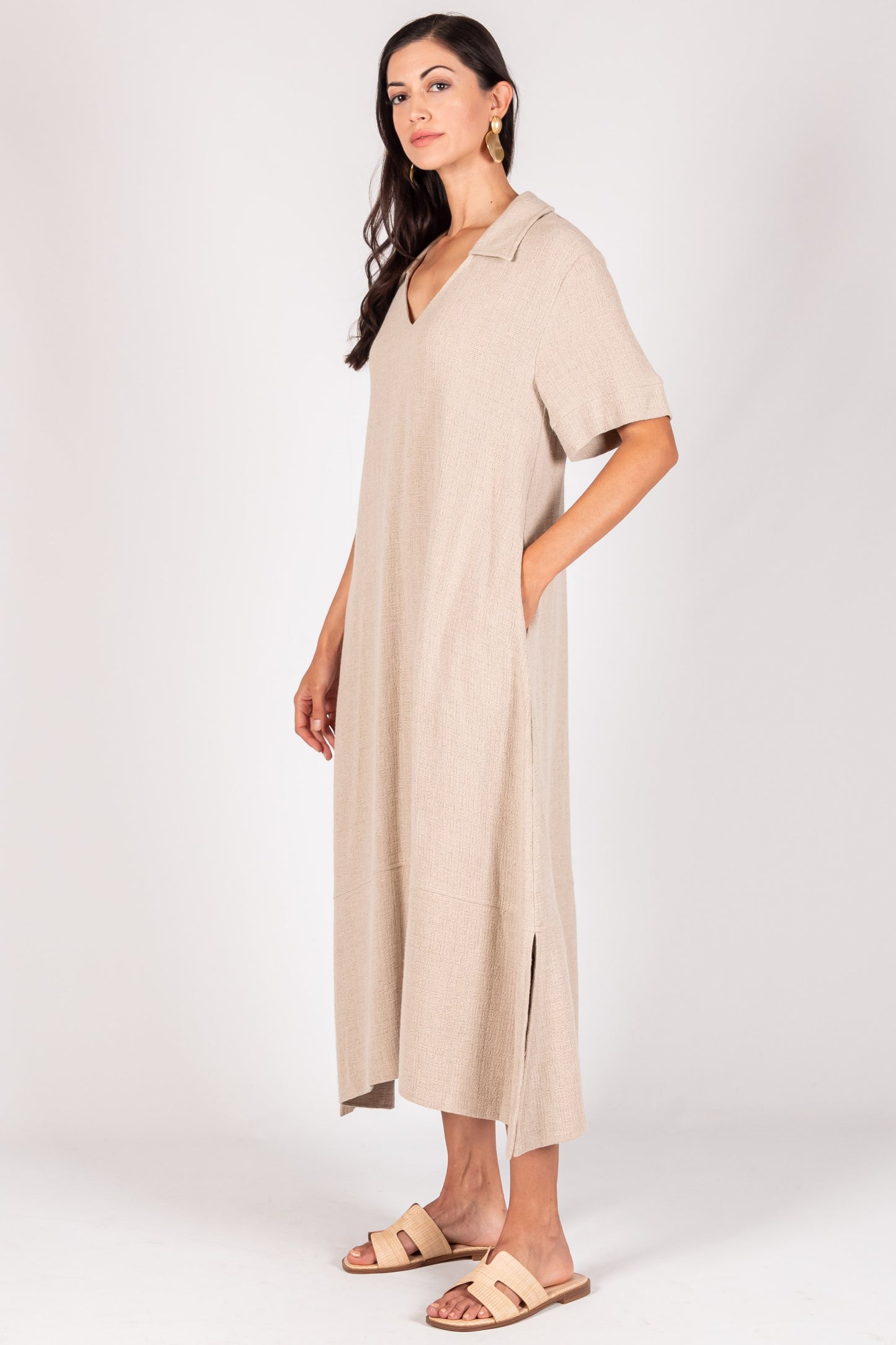 Linen Collard Midi Dress - Sand