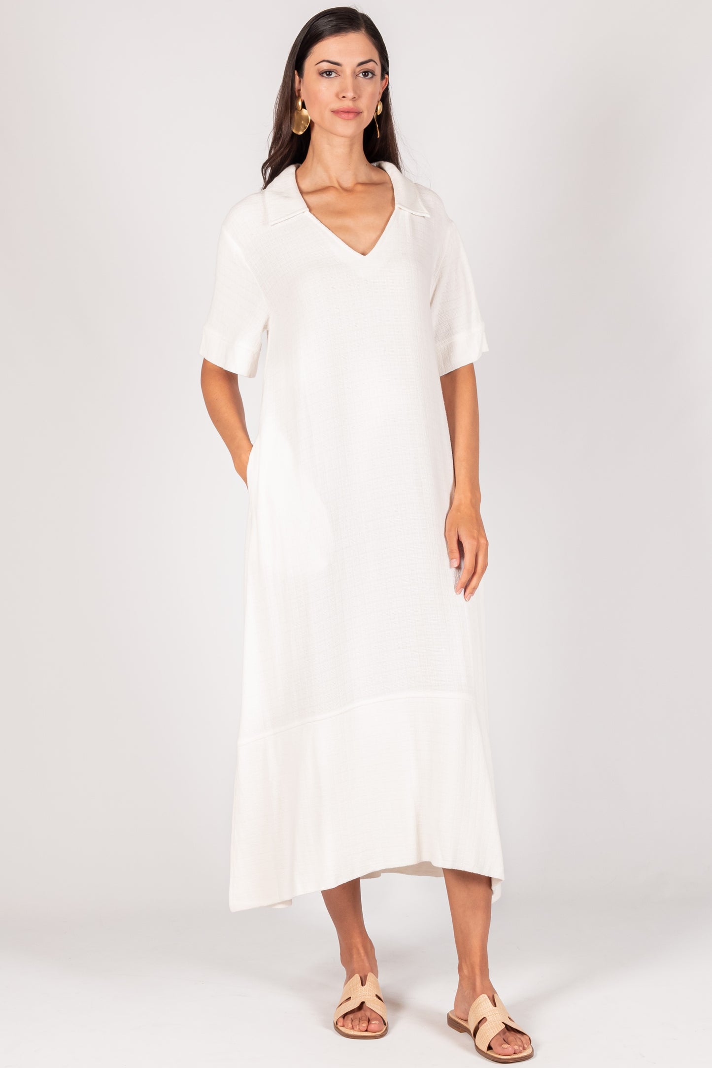 Linen Collard Midi Dress - Ivory