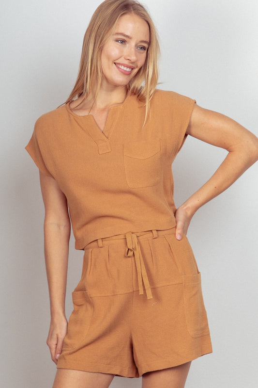 Camel SS Front Pocket Crop Top