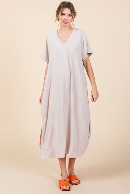 Short Sleeve Shift Dress - Oatmeal