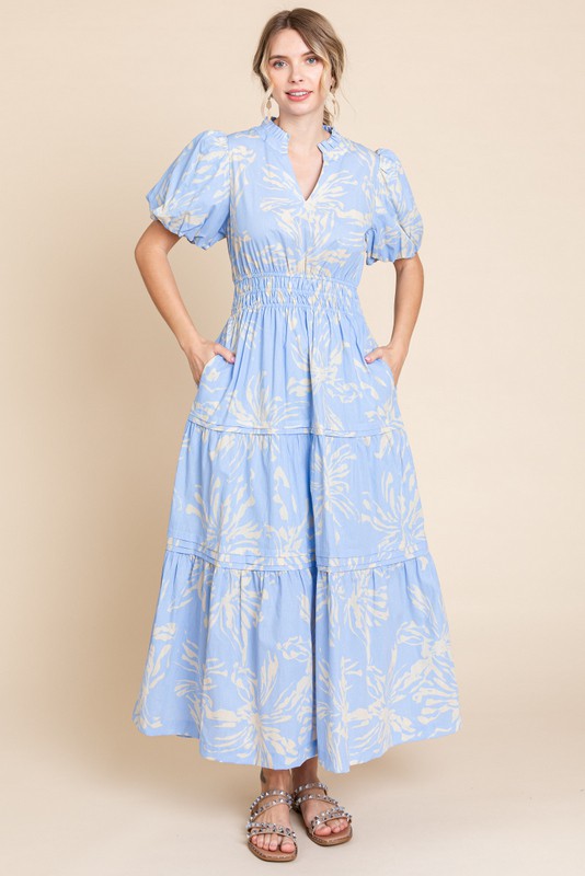 Periwinkle Floral Smock Waist Midi Dress