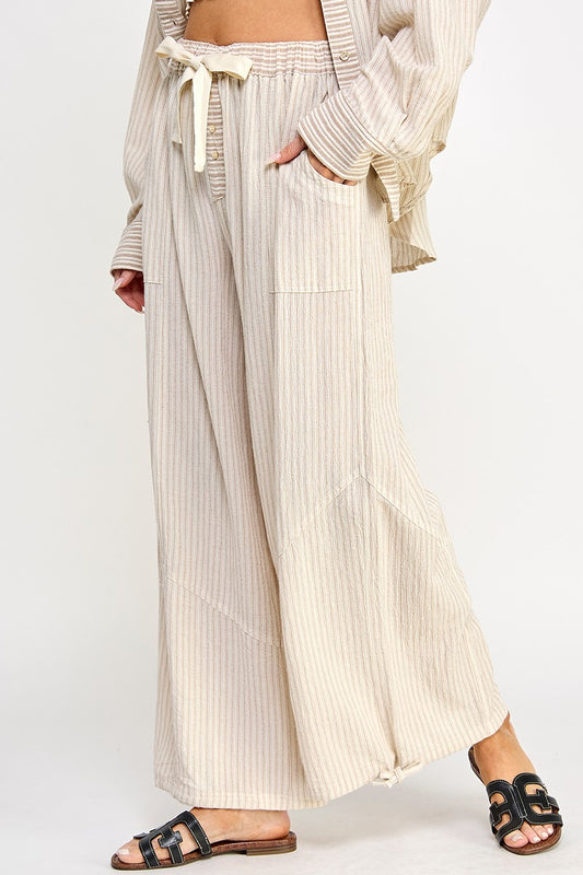 Tan Stripe Wide Leg Drawstring Bottom Pant