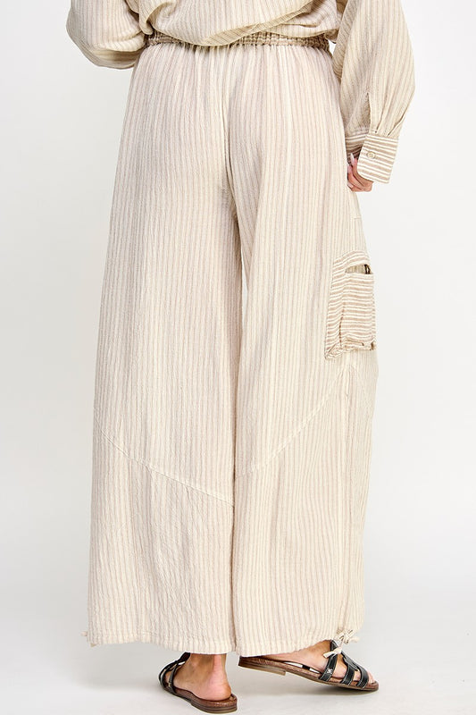 Tan Stripe Wide Leg Drawstring Bottom Pant