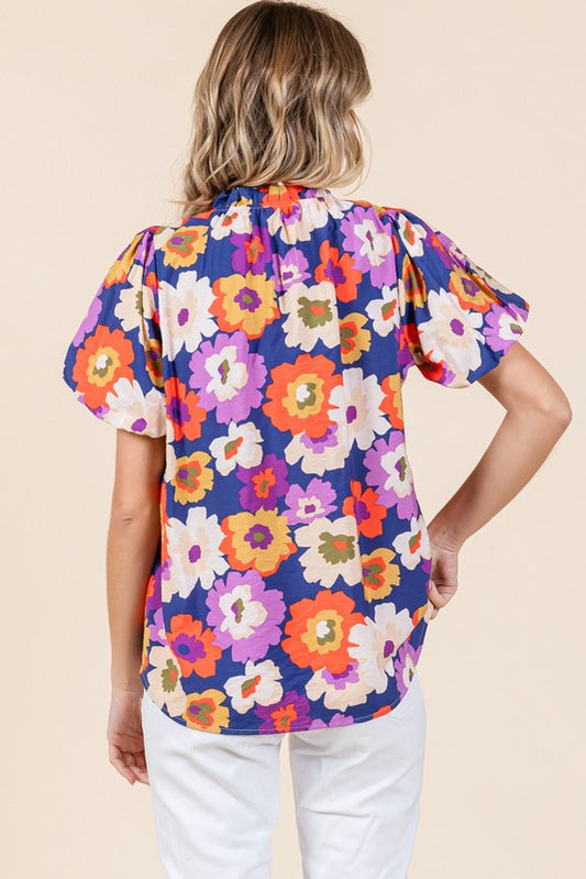 Royal Mix Floral Ruffle Neck Top