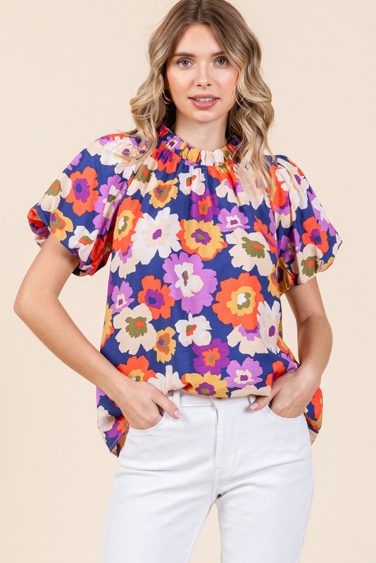 Royal Mix Floral Ruffle Neck Top