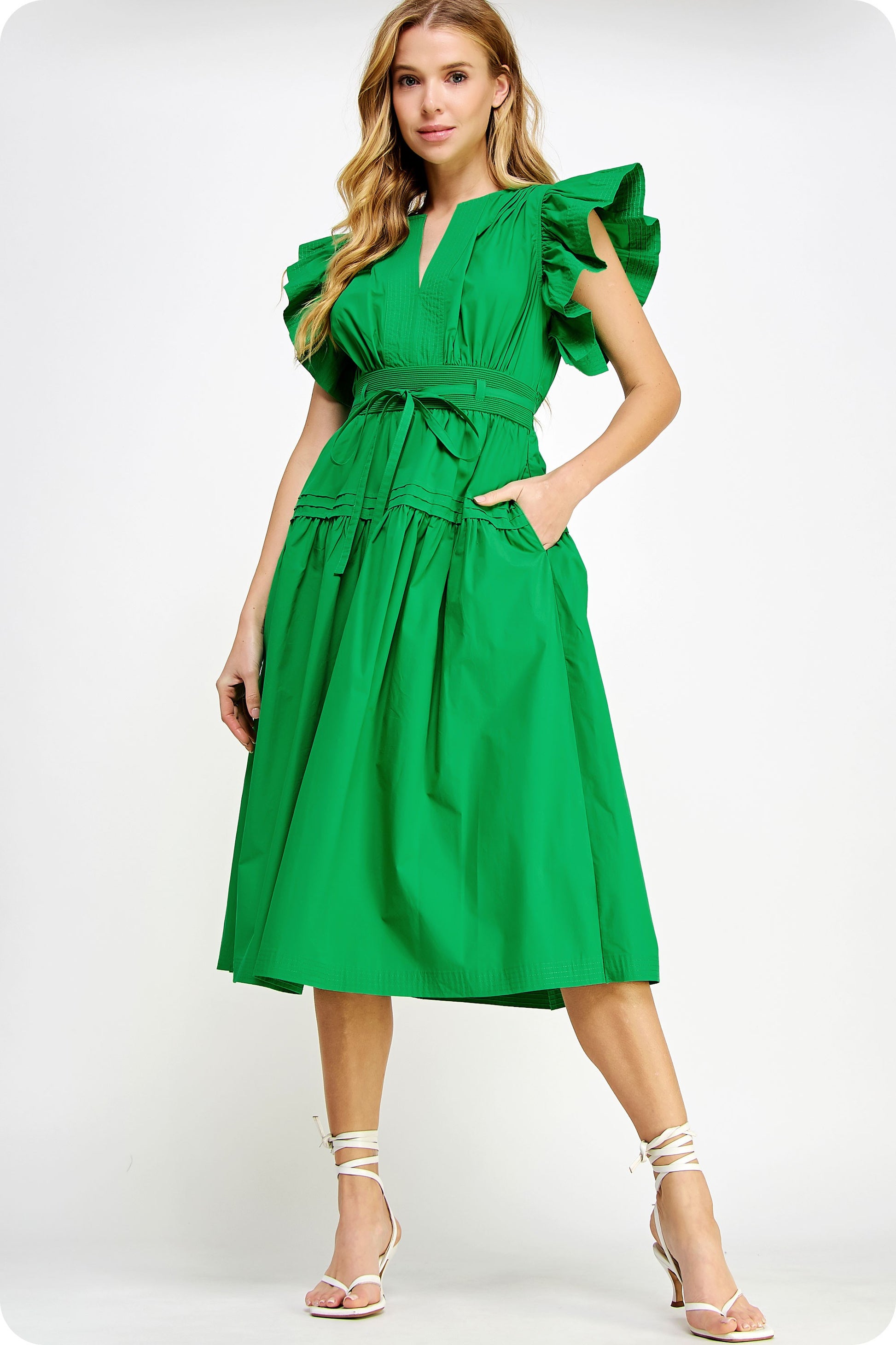 Flutter Sleeve Peplum Dress (Emerald) Wood + Wave Flutter Sleeve Peplum Dress (Emerald) Wood + Wave