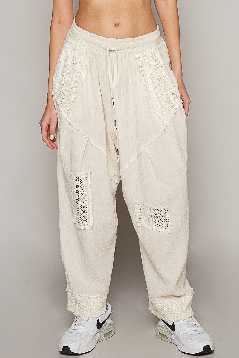 Ivory Crochet Patch Gauze Pant