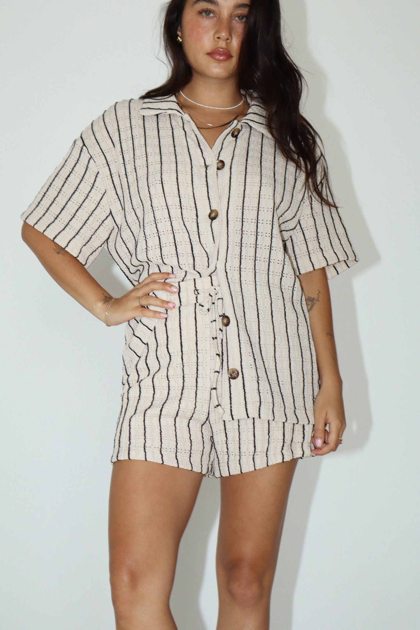 Tan Stripe Button Top