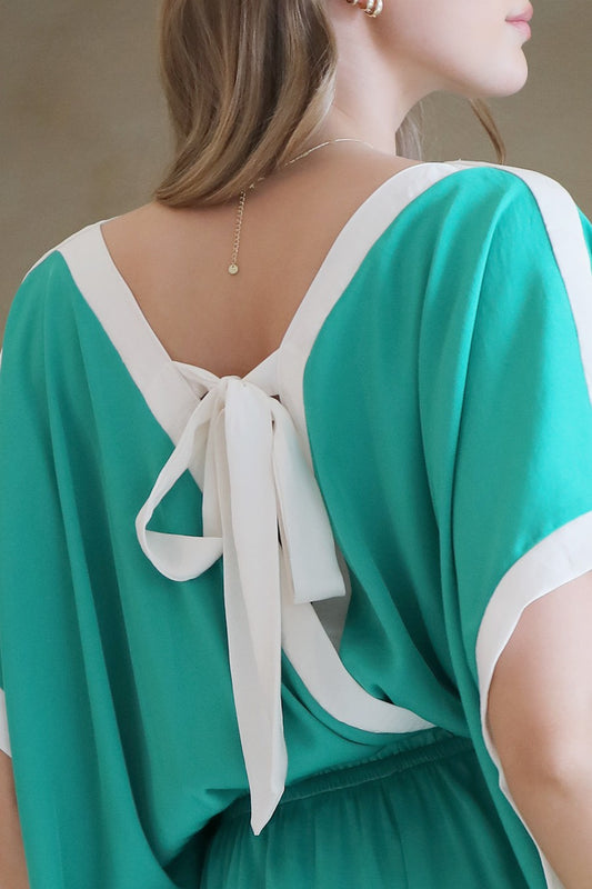 Green Washed Poly Silk Contrast Band Jumpsuit