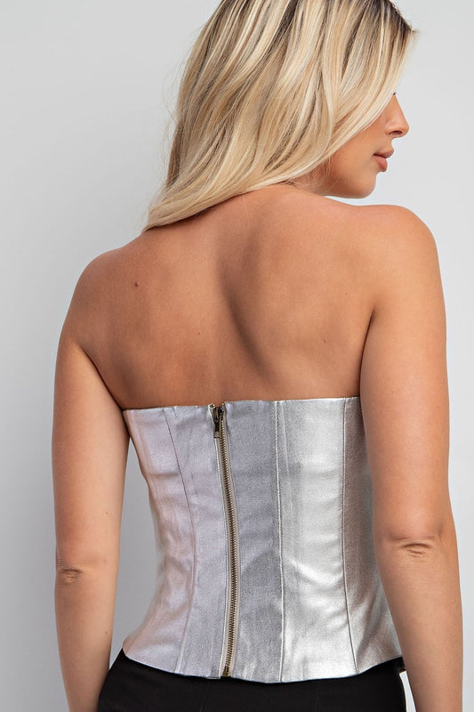Structured Metallic Bustier Top - Silver