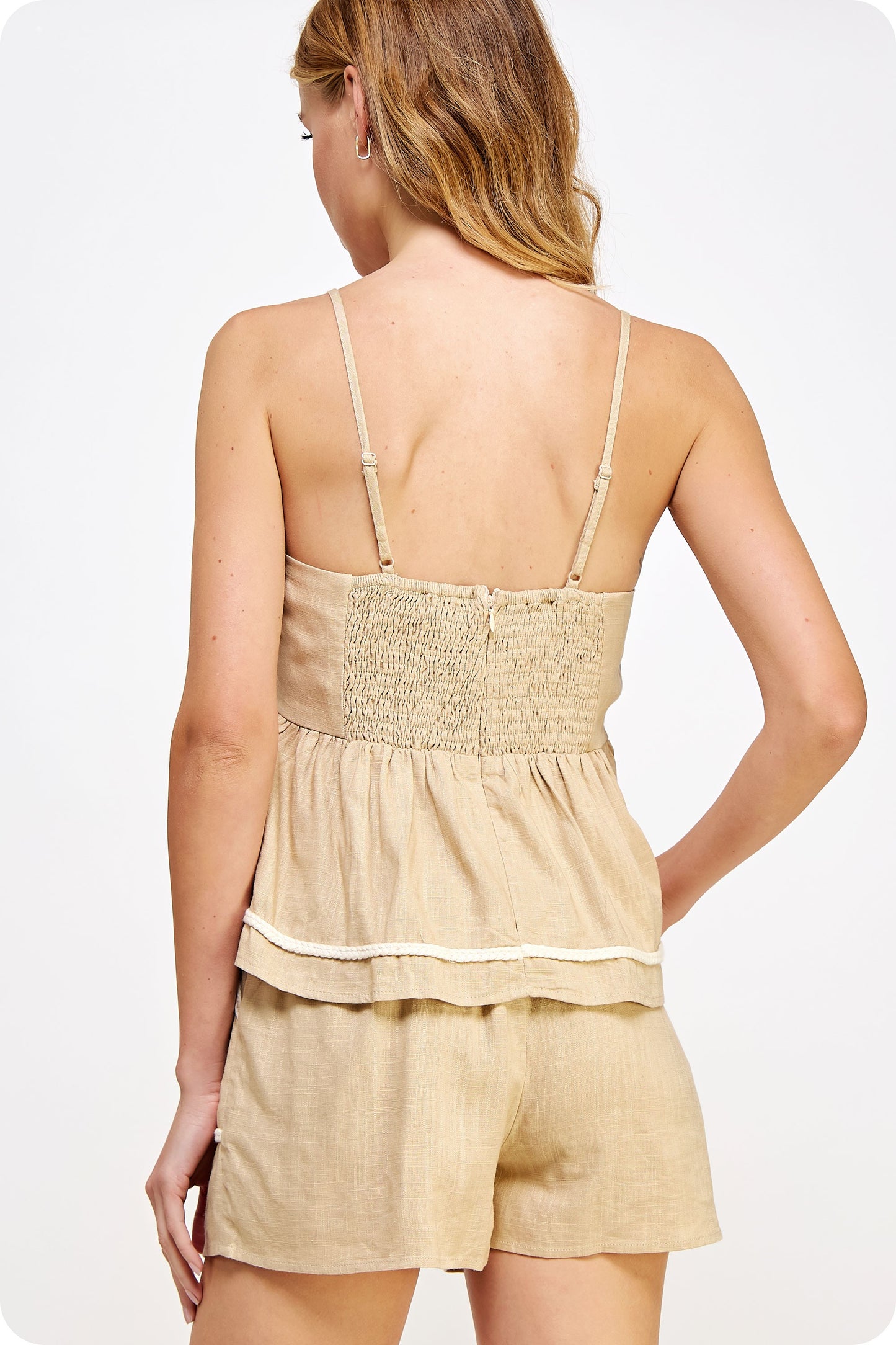 Braid Trim Sleeveless Linen Top (Taupe)