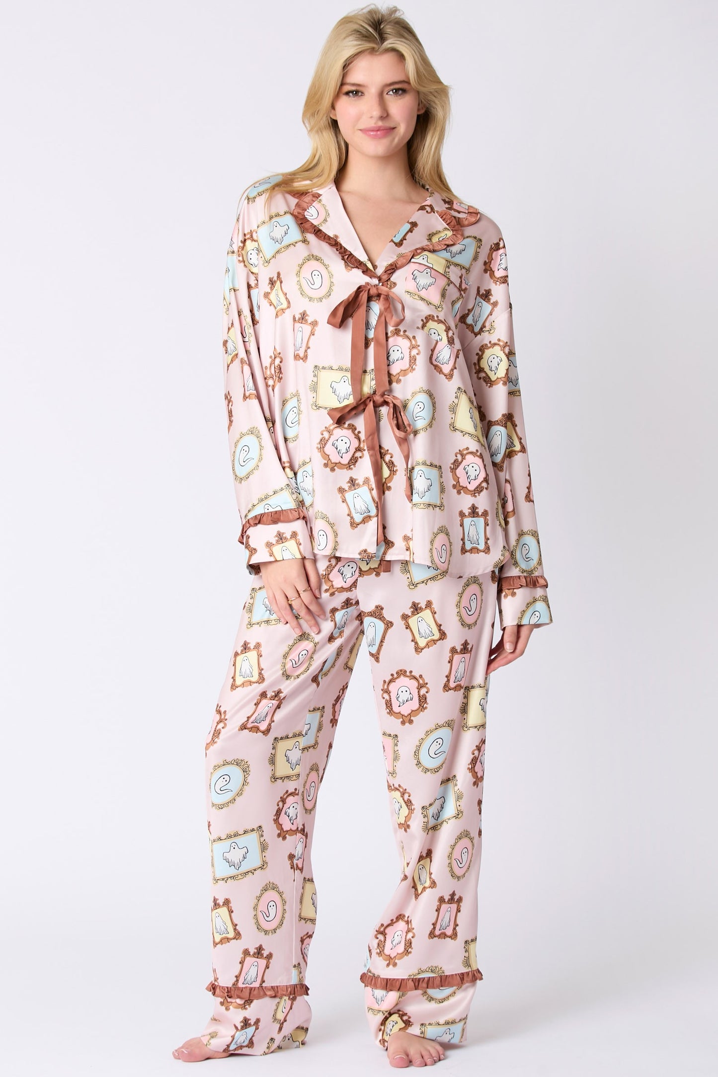 Satin Print Ruffle Detail LS Pajama Set