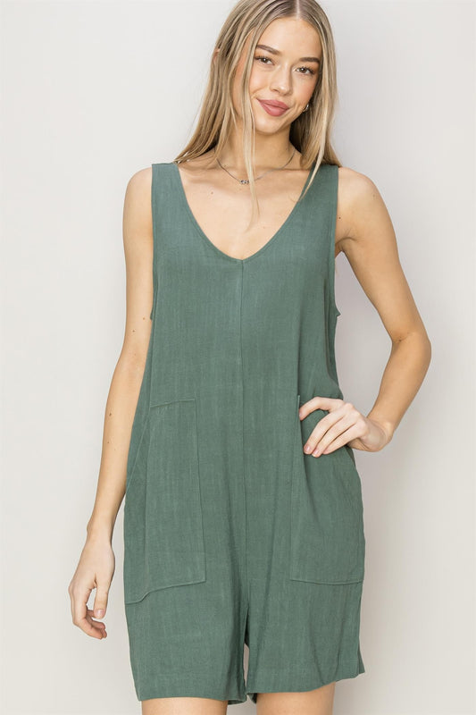 Sleeveless Linen Romper - Gray Green