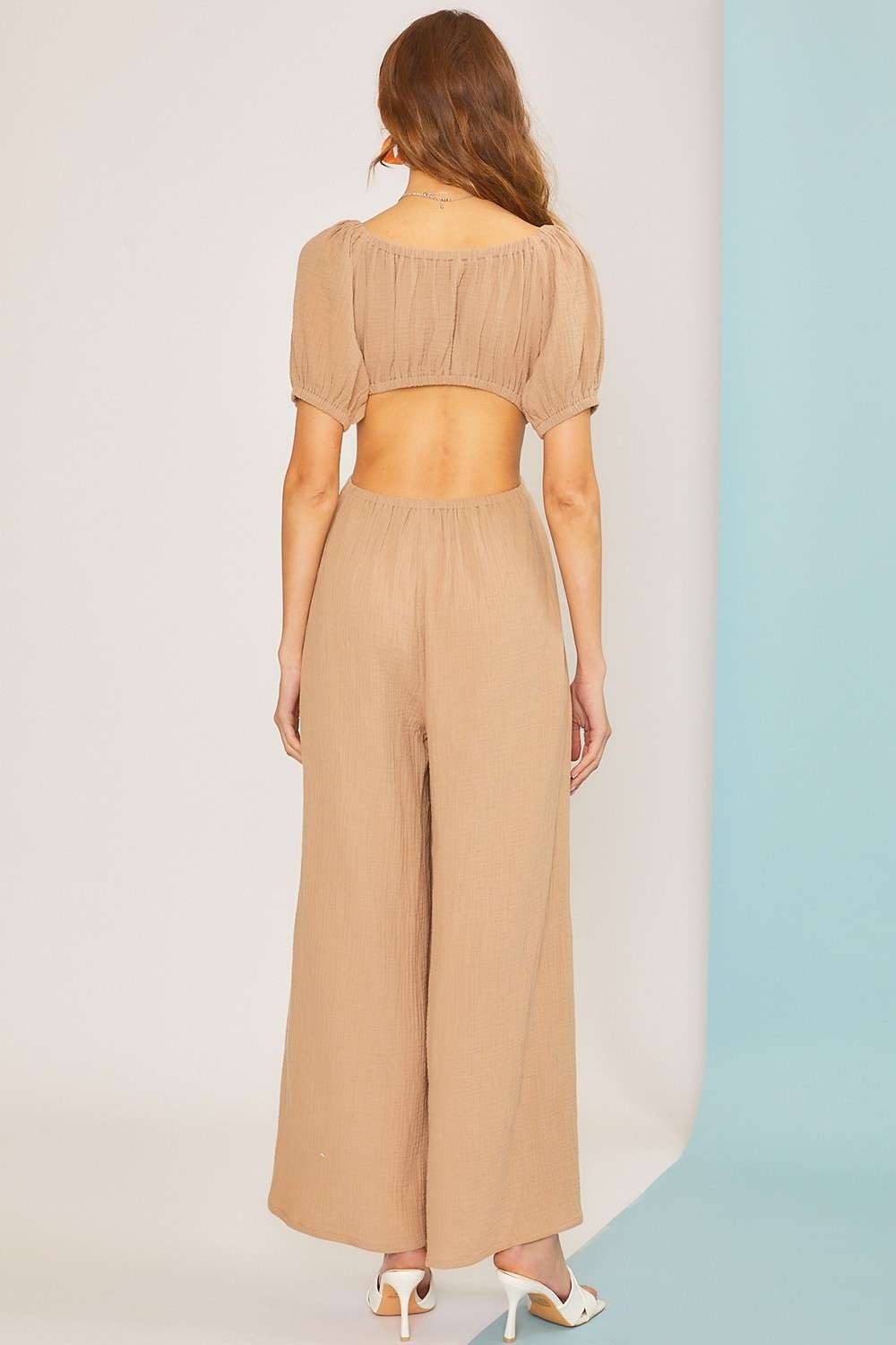 Mocha V-Neck Gauze Jumpsuit