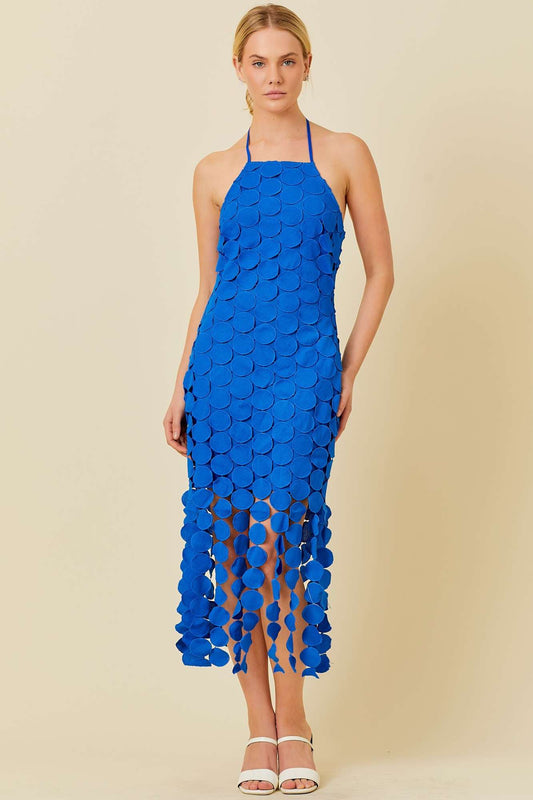 Blue Circle Fringe Crochet Midi Dress