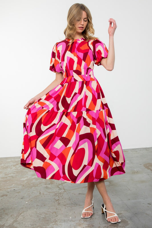 Puff Sleeve Pinks And Reds Maxi Dress