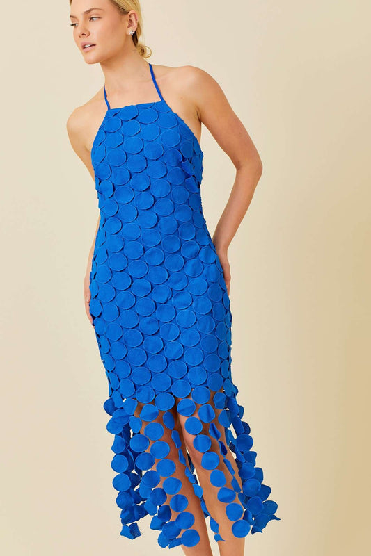 Blue Circle Fringe Crochet Midi Dress