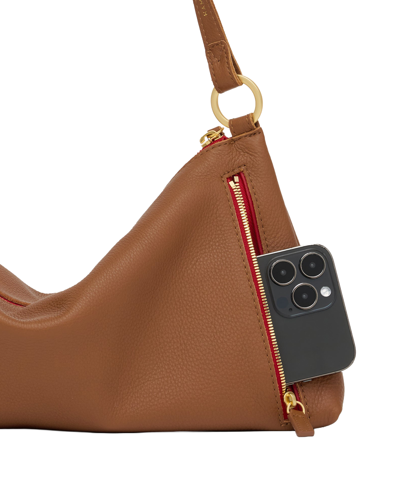 Hammitt Kyle Mahogany Pebble/Brushed Gold Red Zip Med