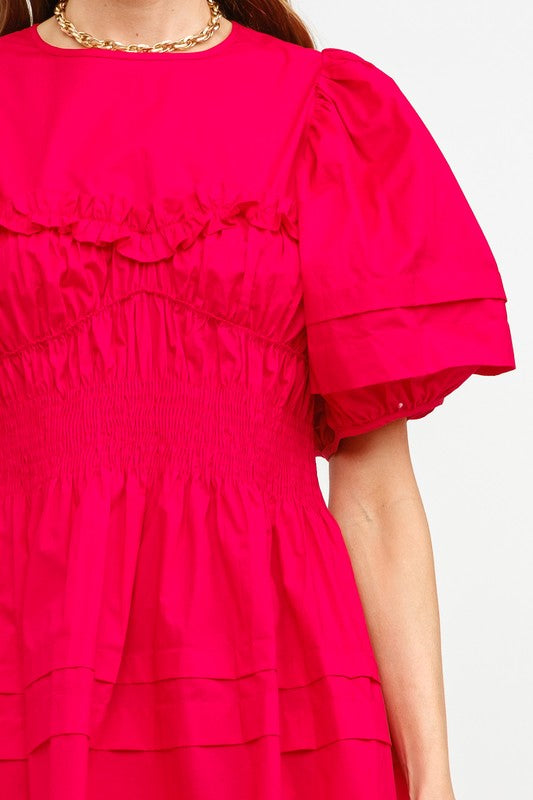 Jacquie Cotton Poplin Smocked Mini Dress - Red