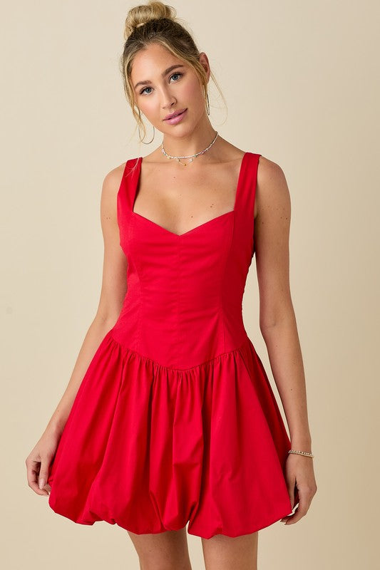Lace Up Back Bubble Hem Mini Dress - Red