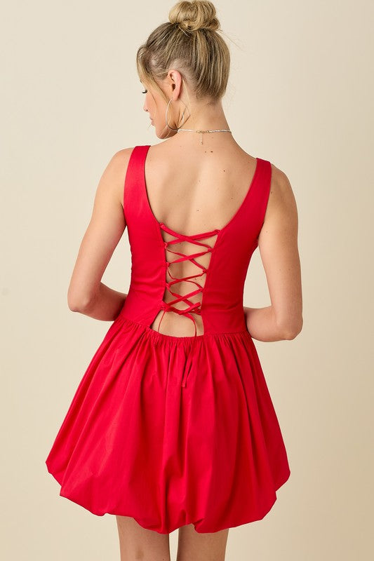 Lace Up Back Bubble Hem Mini Dress - Red
