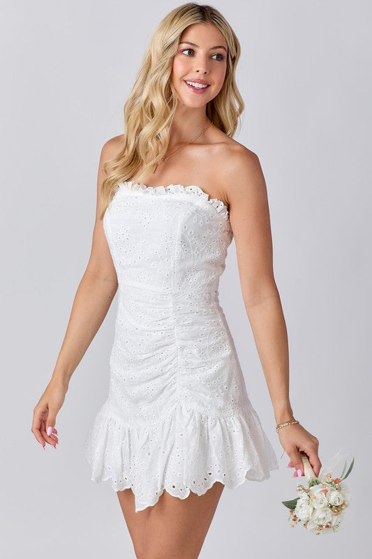 Strapless Eyelet Mini Dress - White