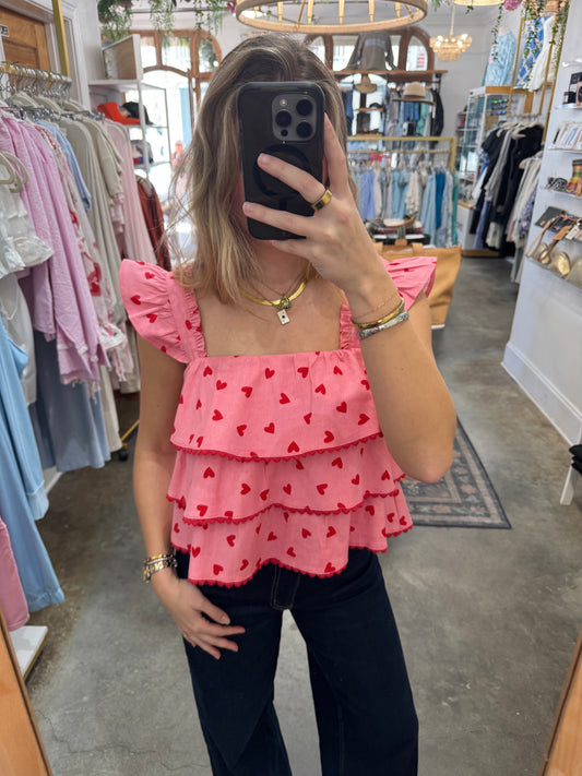 All Over Heart Print Square Neck Tiered Top - Pink