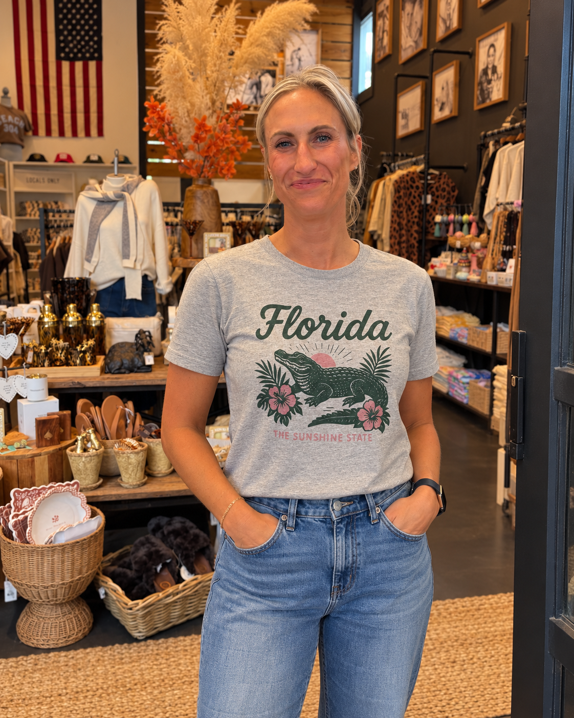 Florida The Sunshine State Gator Tee - Green/Pink on Grey