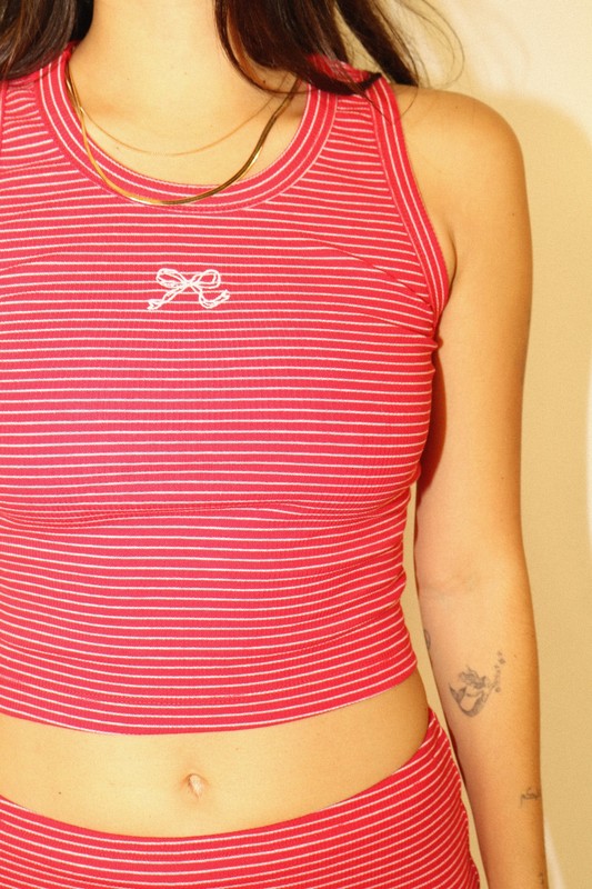 Red Stripe Bow Embroidered Tank