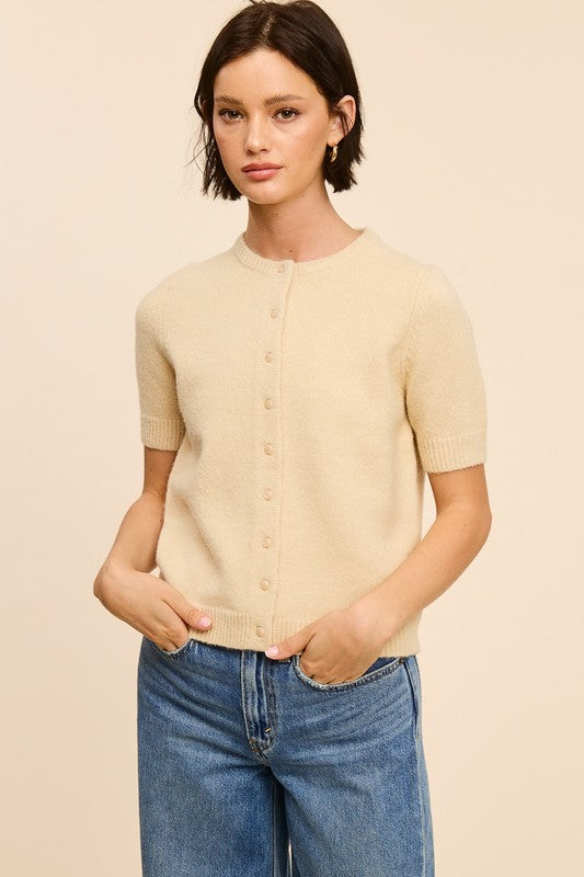 Short Sleeve Button Cardigan - Oatmeal