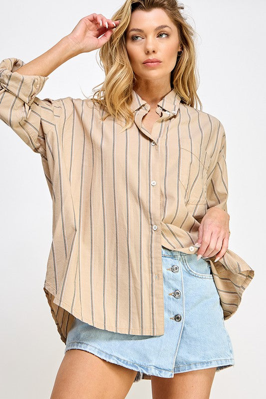 Taupe Stripe Button LS Shirt Top