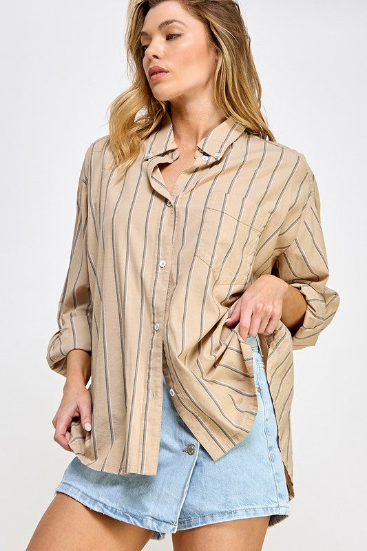 Taupe Stripe Button LS Shirt Top