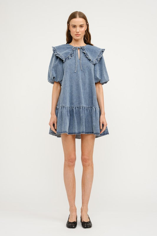 Cecilie Denim Collared Mini Dress With Puff Sleeve