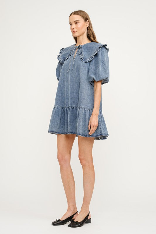 Cecilie Denim Collared Mini Dress With Puff Sleeve