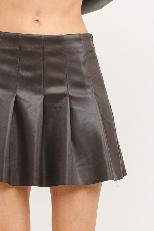 Pleated Vegan Leather Mini Skirt - Dark Brown