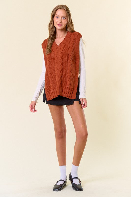 V-Neck Drop Shoulder Cable Sweater Vest