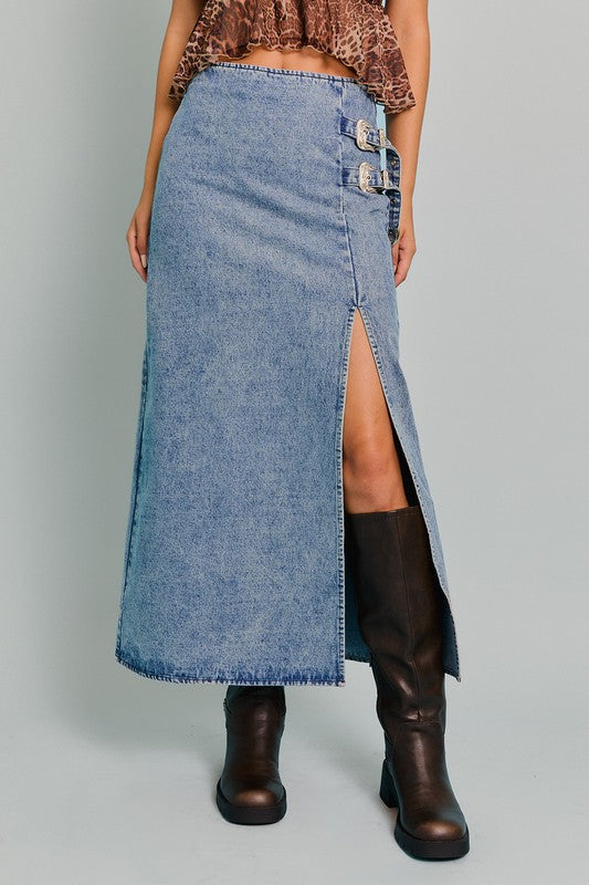 Double Silver Buckle Denim Midi Skirt