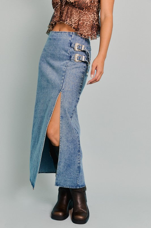 Double Silver Buckle Denim Midi Skirt