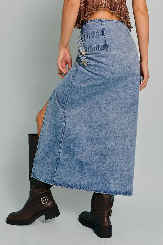 Double Silver Buckle Denim Midi Skirt