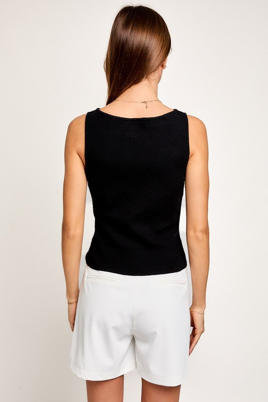 Black Boat Neck Sleeveless Sweater Top