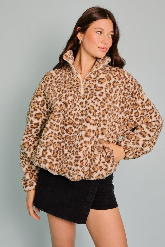 Animal Print Quarter Zip Fleece Pullover