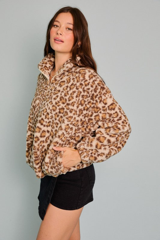 Animal Print Quarter Zip Fleece Pullover