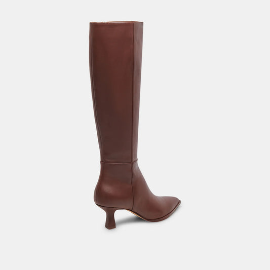 Auggie Chocolate Leather Knee High Kitten Heel Boot