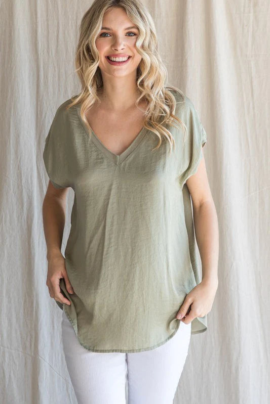 V Neck Raw Edge Top - Olive