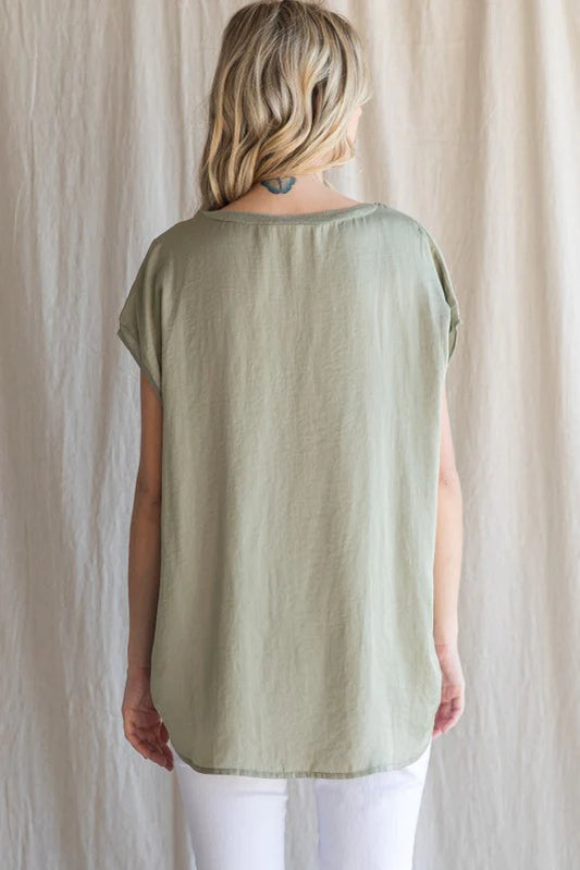 V Neck Raw Edge Top - Olive