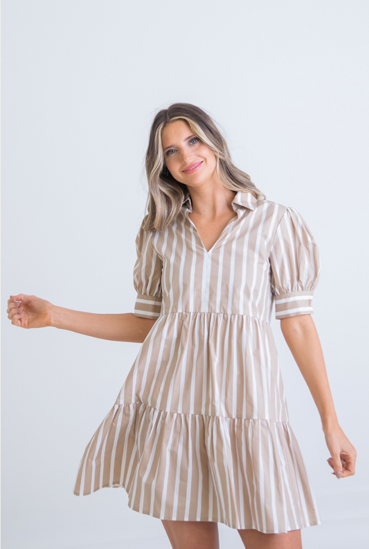 Stripe Poplin Collar Puff Sleeve Tier Dress