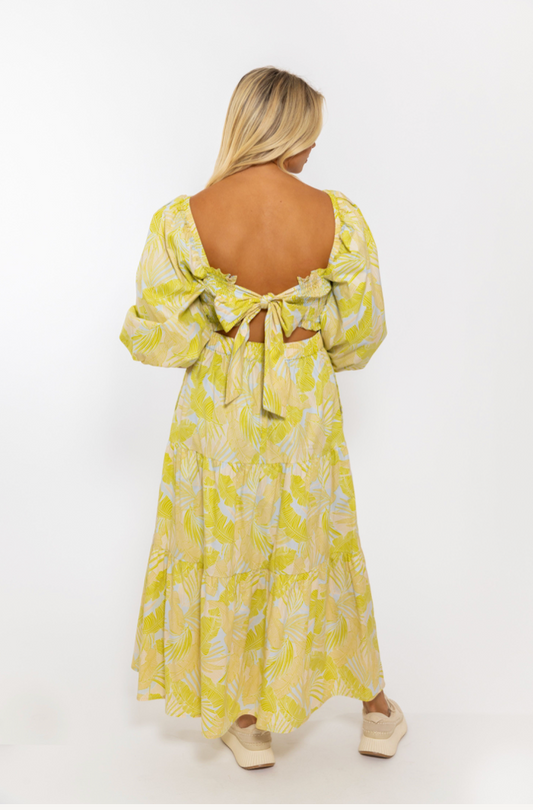 Tropical Leaf Poplin Smock Maxi Dress