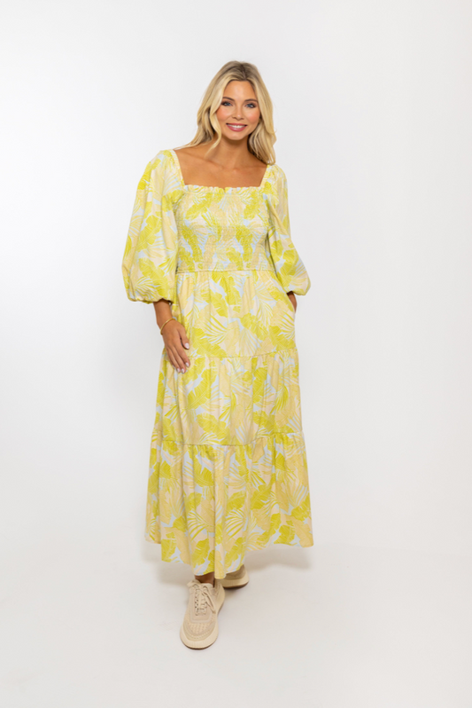 Tropical Leaf Poplin Smock Maxi Dress