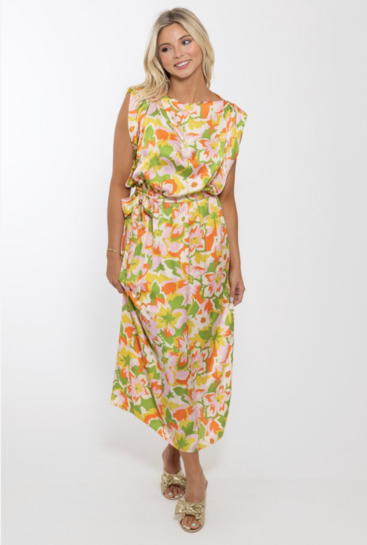 Abstract Floral Satin Drape Maxi Dress